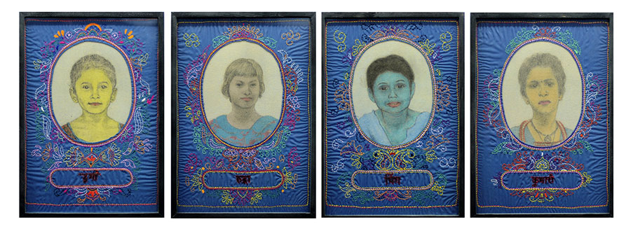 In The Name of Durga, Pastel,Acrylic on Canvas Pasted on Board,Embroidered Quilt,Glass,Acrylic, 2013-14, 