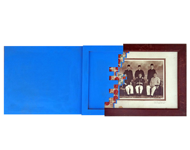 2-The Blue Screen, Acrylic on Old Photographs,Wooden Frame, 17.5x42 inches, 2014-15, 