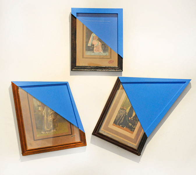 4-The Blue Screen, Acrylic on Old Photographs,Wooden Frame,13.2x9 inches,8.5x9.5inches,17x11inches, 2014, 