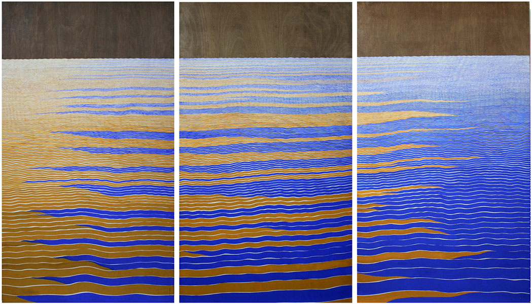 273 Monsoon Rivers Meeting 273 Summer Rivers, Water Colour,Gouache,Natural Pigment,Natural Gesso,Plyboard, 84x252 Inches Triptych, 2014, 